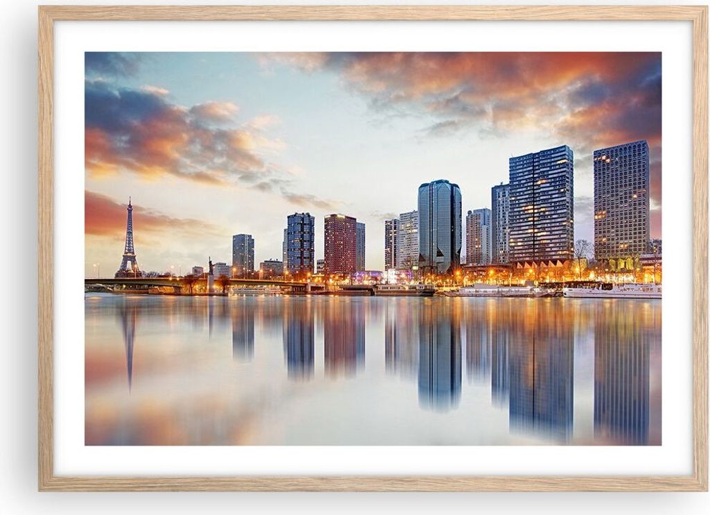 Gerahmtes Poster - Rahmen in heller Eiche - Fluss Wolkenkratzer Ansicht Eiffle - 70x50 cm - Wand Bild - Wanddeko - Wandbilder - Wandposter - Bilder...