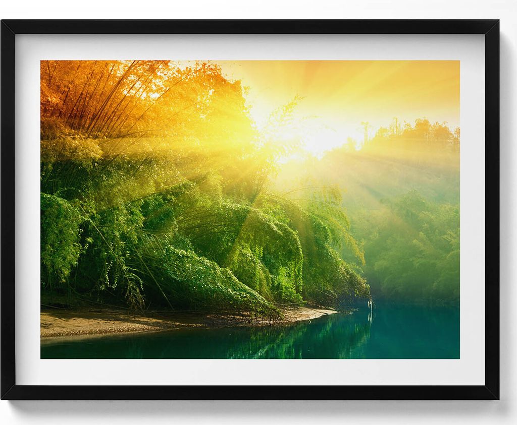 Landschaft der Natur im Sonnenschein– Wandbild mit Rahmen – Gerahmtes Bild – Wanddekoration – 80x60 cm – Schwarz Rahmen