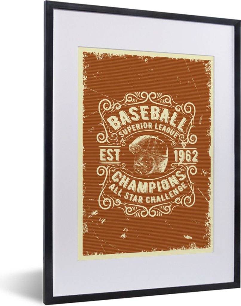 MuchoWow MuchoWow Gerahmtes Poster Jahrgang - Baseball - Braun 30x40 cm - Poster mit zchwarzem Bilderrahmen - Wandposter Schlafzimmer