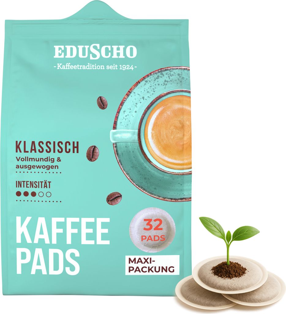 Eduscho Kaffeepads Klassisch, 32 Pads, 1er-Pack, vollmundig & ausgewogen, für alle Pad Maschinen, industriell kompostierbar