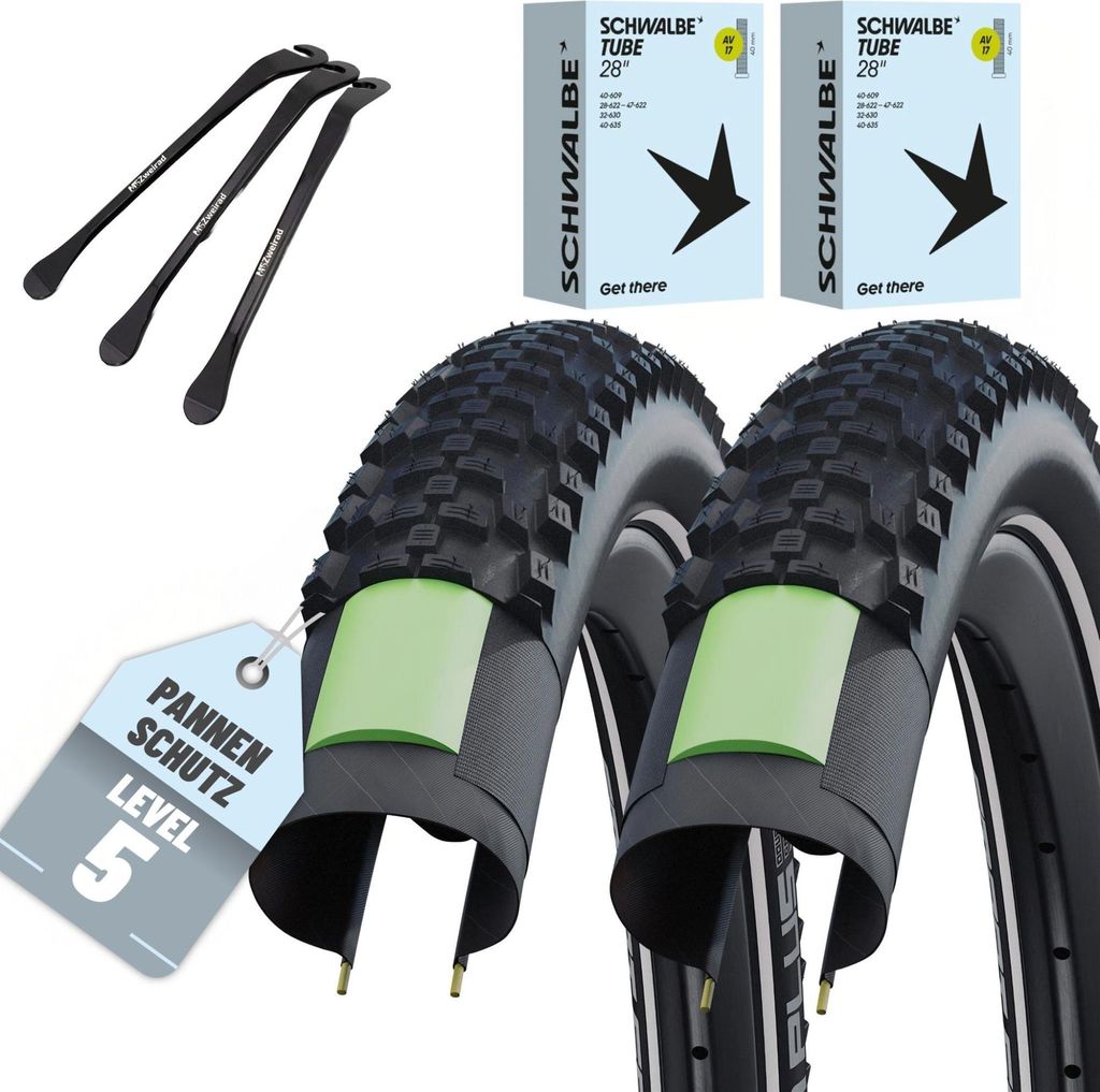 Schwalbe Fahrradreifen Smart Sam Plus DD HS624 28 Zoll 42-622 Draht GreenGuard schwarz + AV-Schlauch + MSZweirad Reifenheber