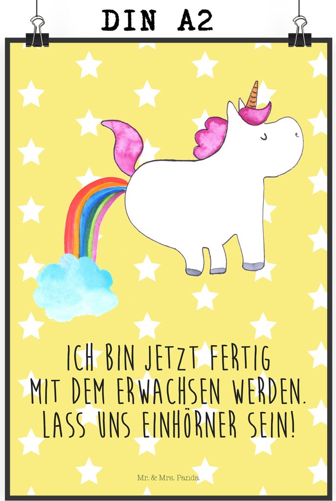 Mr. & Mrs. Panda Bild Einhorn Pupsen DIN A2 - Gelb Pastell Produktbild 