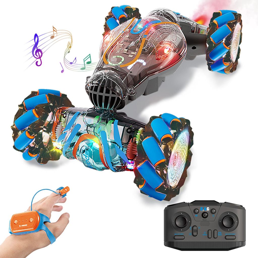 A stunt car with lights and music, along with its remote controls, is displayed against a white background.