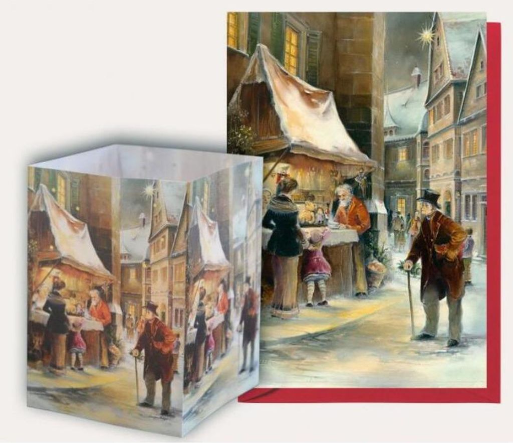 Tischlaterne Weihnachtsbude aus Papier mit Grußkarte, 11x15,5cm