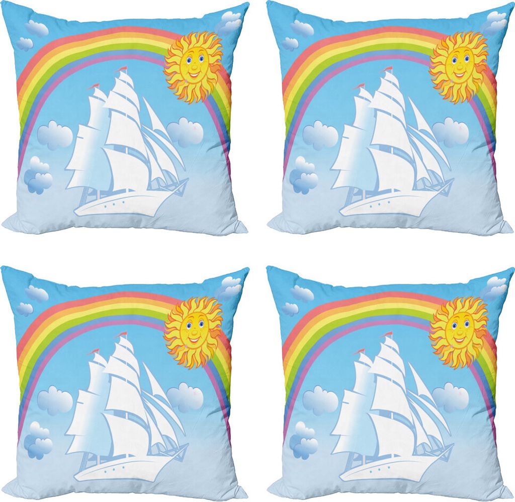 ABAKUHAUS Nautisch Kissenbezug Set (4 Stück), Motivation Schiff Regenbogen, Moderner Doppelseitiger Digitaldruck, 45 cm x 45 cm, Mehrfarbig