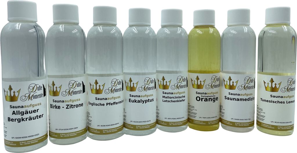Saunaaufguss 8 x 250ml: Allgäuer Bergkräuter, Birke-Zitrone, Englische Pfefferminze, Eukalyptus, Mallorcinische Latschenkiefer, Portugiesische Or...