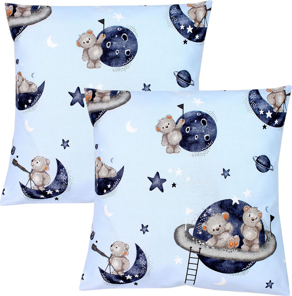 TupTam Kinder Kissenbezug Dekorativ Gemustert mit Hotelverschluss 2er Set, Farbe: Bären im Kosmos/ Weiße Sterne/ Grau, Größe: 40 x 60 cm