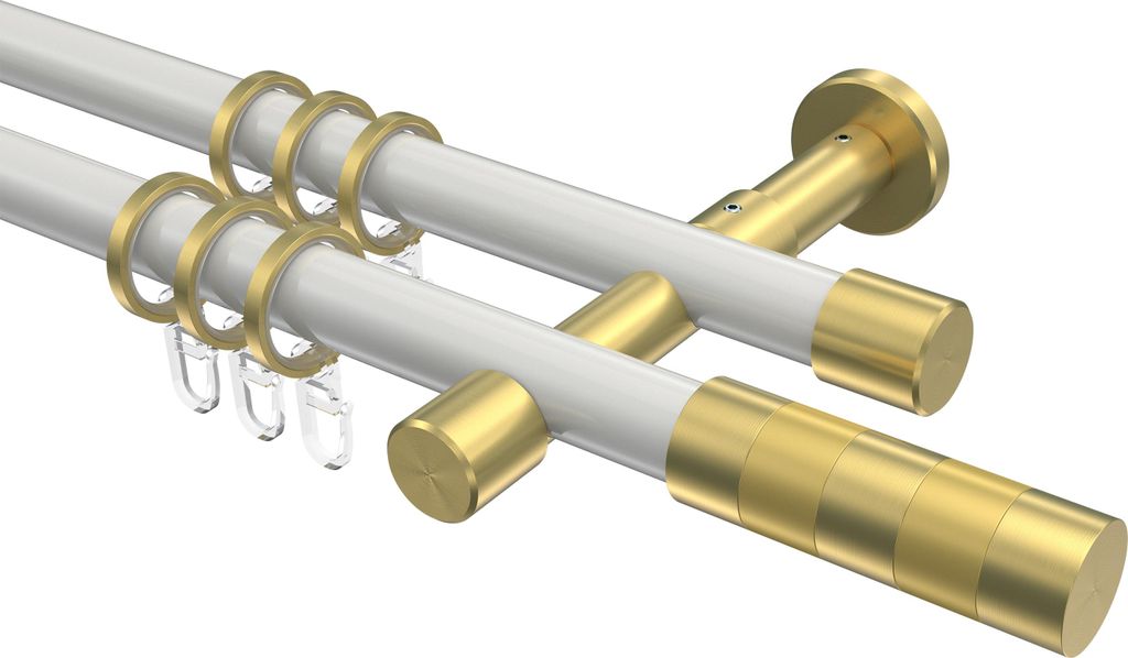 Interdeco Gardinenstange / Vorhangstange Weiß / Messing-Optik, Typ Prestige Mavell (Zylinder), 20 mm Ø 2-läufig, 160 cm