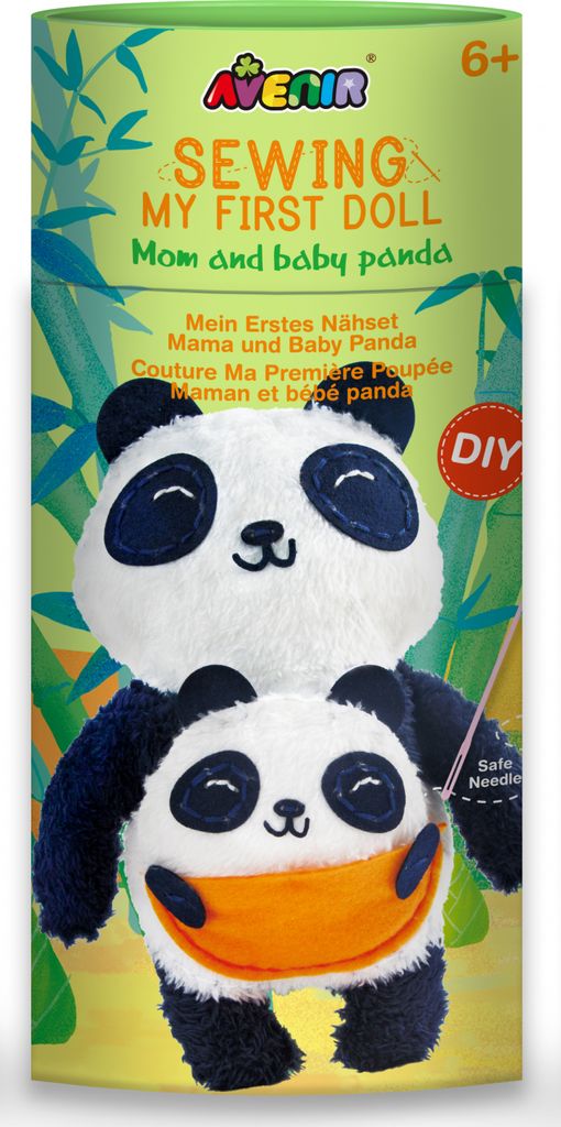 A sewing kit for making panda dolls, presented in a cylindrical package with bamboo graphics.