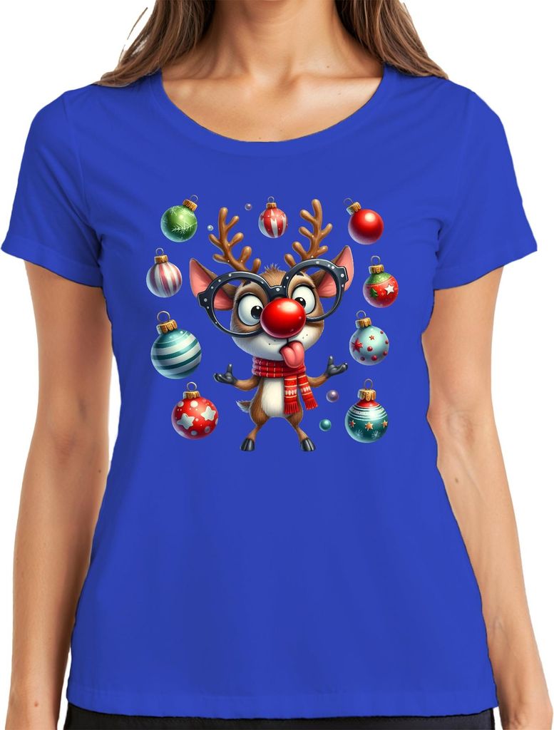 Rudolph Rentier mit Brille rote Nase Weihnachten süß Cartoon Damen T-Shirt, Blau, S