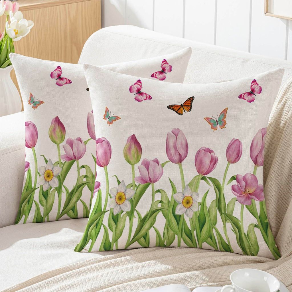 Set mit 2 Kissenbezügen (50 x 50 cm), Frühlings-Tulpenblüten und -blätter, Gartenkissen im Landhausstil, dekorative Kissenbezüge, Gartenbankde...