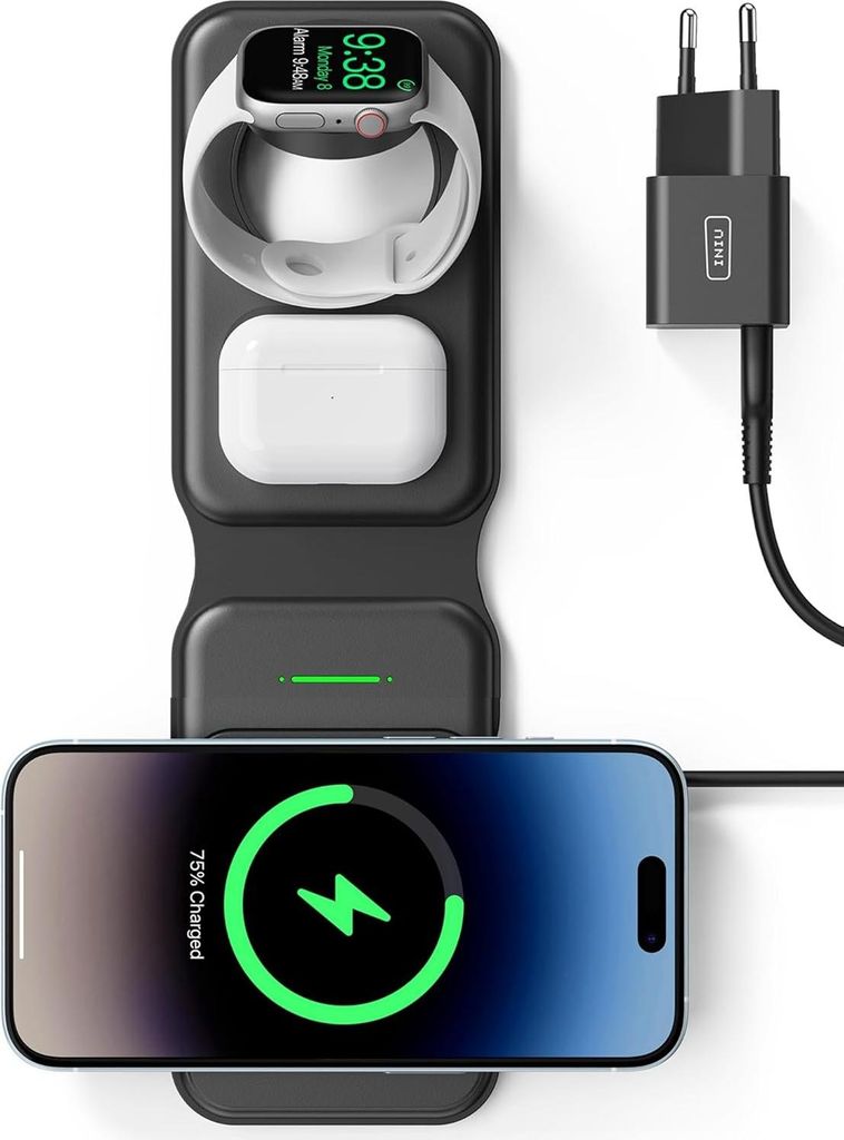 INIU 15W MagSafe Ladestation 3 in 1, Faltbares Wireless Charger für Iphone (mit 20W Adapter und USB-C-Kabel)