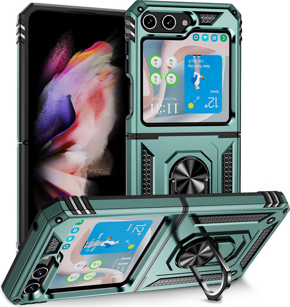 Hülle für Samsung Galaxy Z Flip 5 Dual Layer Militäre Fallschutz Schutzhülle mit Ringhalterung Ständer Grün