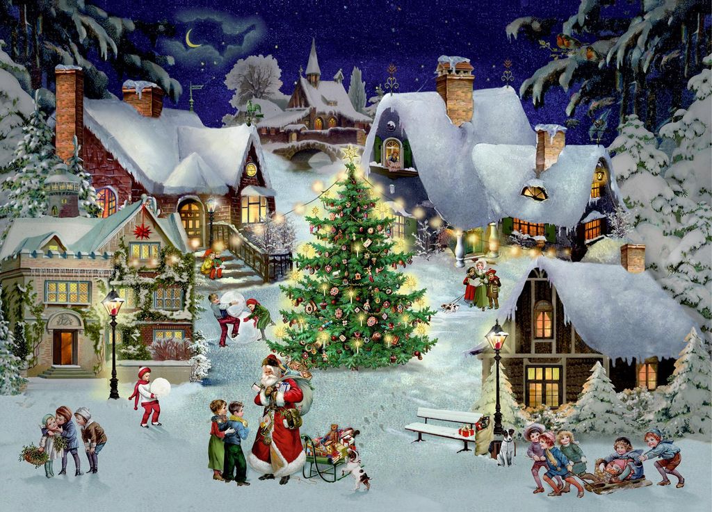 A snowy village scene at night with a Christmas tree and Santa Claus.