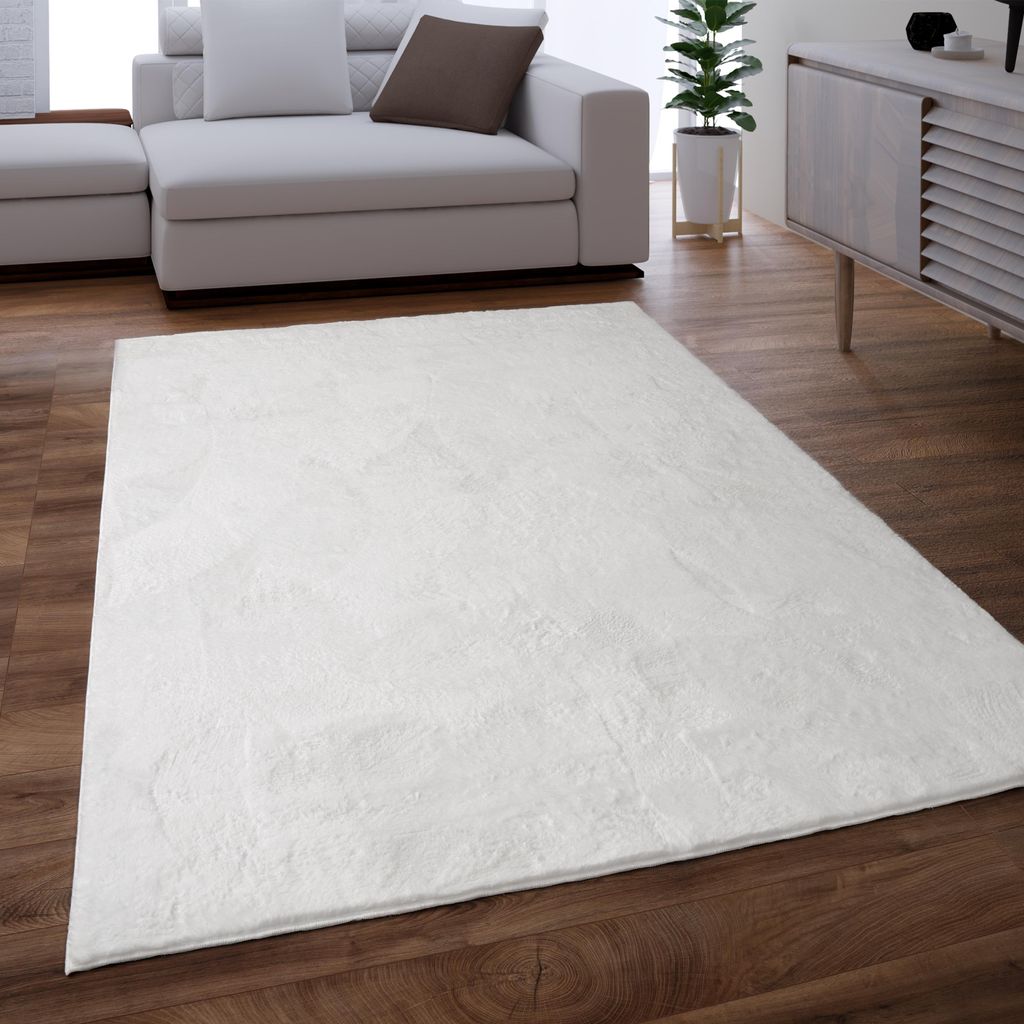 Teppich Wohnzimmer Kunstfell Shaggy Hochflor Waschbar In Waschmaschine Soft Uni Weiß Grösse 140x200 cm