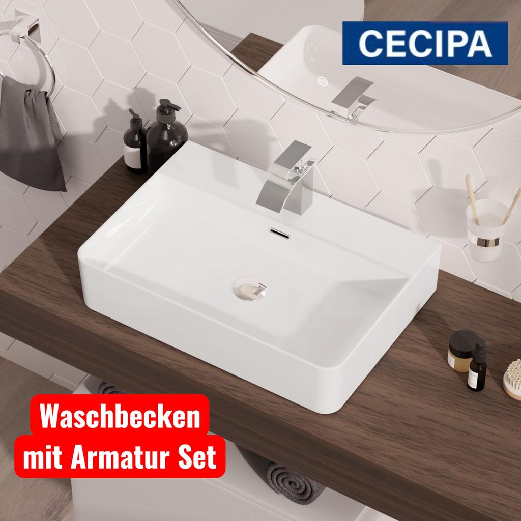 Waschbecken 59x43 cm mit Armatur Set, Keramik Produktbild 