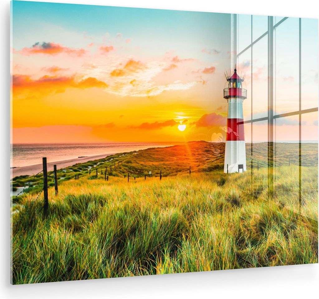 MuchoWow Glasbilder - Bilder auf Wandbild - Foto auf Glas Leuchtturm - Natur - Sonne - Landschaft - Strand - Meer 80x60 cm Wanddekoration aus Glas ...