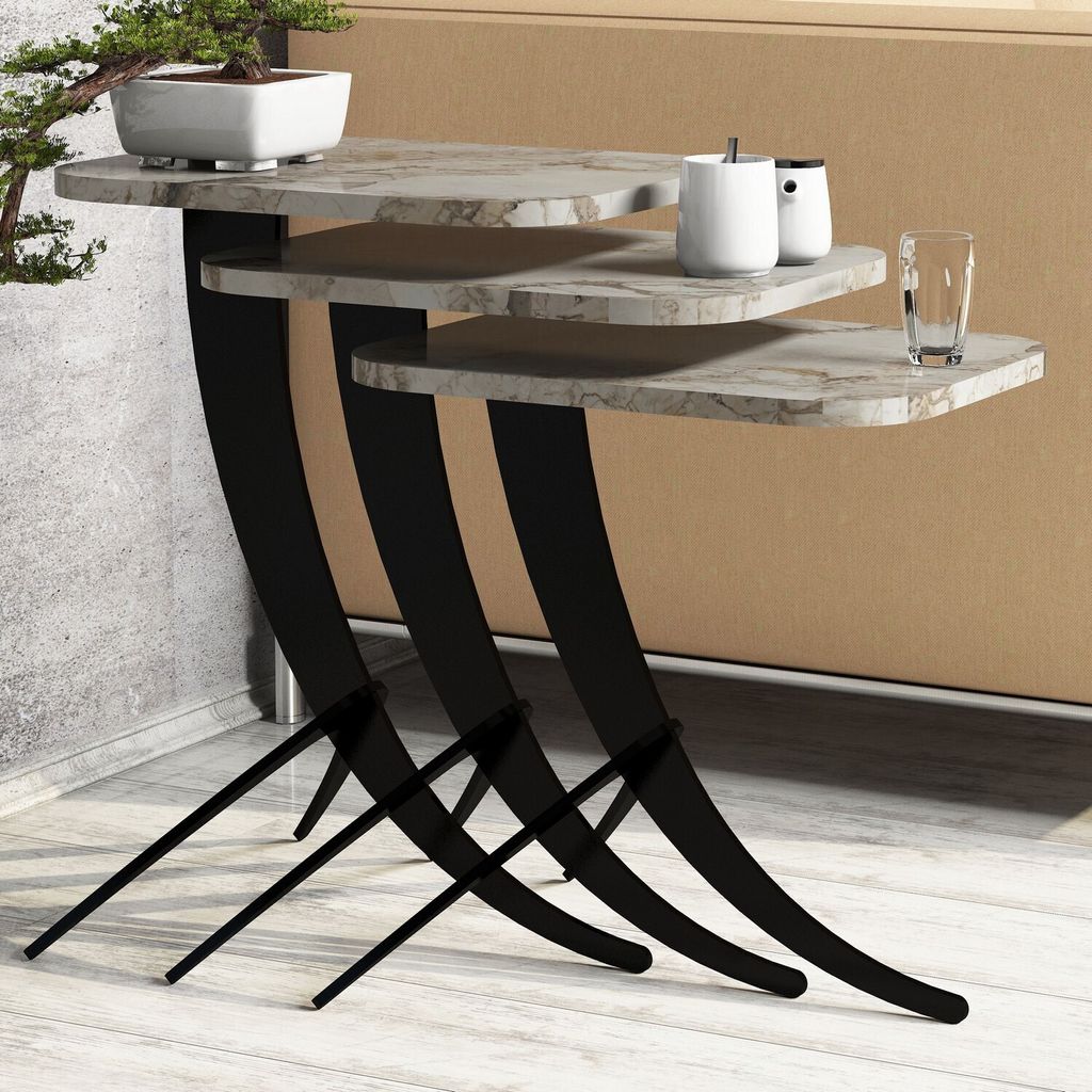 Skye Decor, Pion - White Marble, Satztisch (3 Stück), Weiß, 100 % MELAMINBESCHICHTETE SPANPLATTEN, 35 x 60 x 45 cm