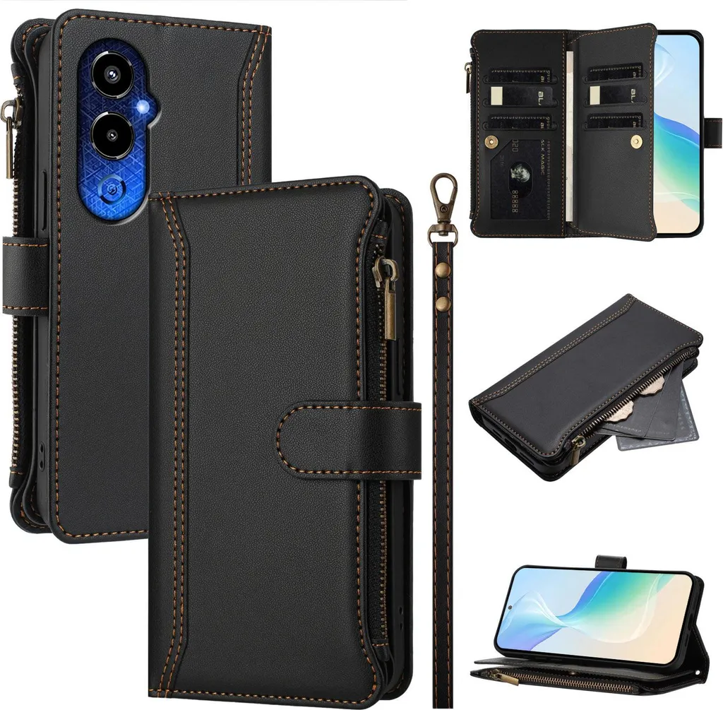Custodia Tecno Pova 4 Pro: Portafoglio con Cerniera in Pelle Nera