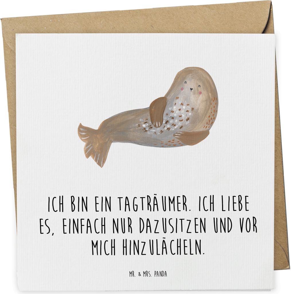 Mr. & Mrs. Panda Grußkarte Robbe Lachen - Weiß - Geschenk, Glückwunschkarte, Strand, Seehund, Klappkarte, faltkarte, doppelkarte, Meerestier, an...