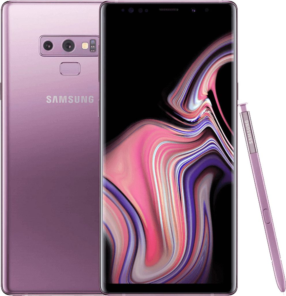 A lavender purple Samsung Galaxy Note 9 smartphone with its stylus is shown against a white background.