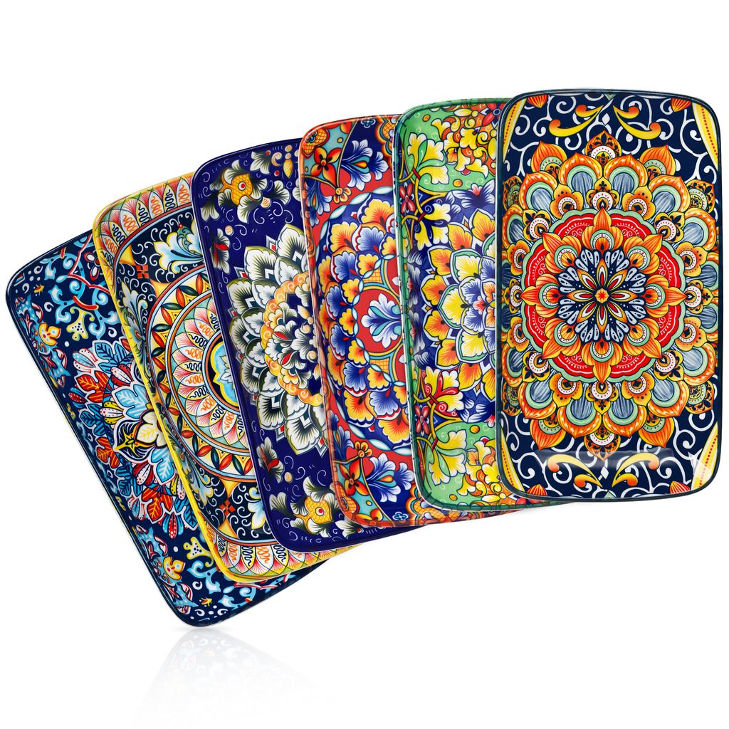 A collection of rectangular ceramic plates with intricate, colorful, bohemian-style patterns.