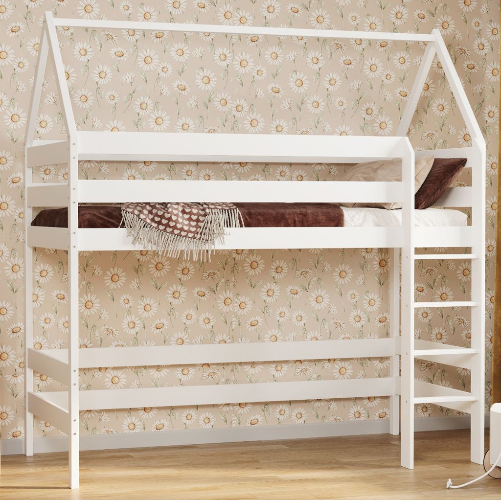 Loft Bed Hausbett Etagenbett Kinder Hochbett Mit Treppe Kinderhochbett Hoch Bett Erwachsene Jugendliche, 90x180 weiß