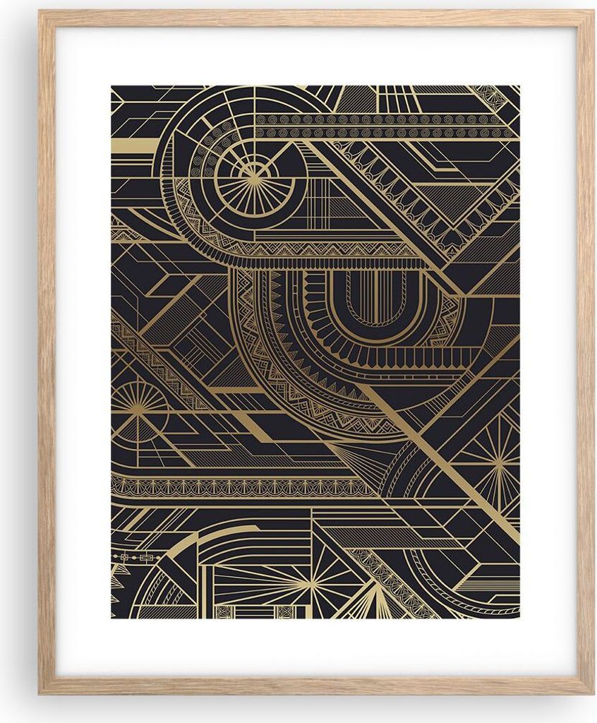Gerahmtes Poster - Rahmen in heller Eiche - Ornament Gold Schwarz - 40x50 cm - Wand Bild - Wanddeko - Wandbilder - Kunstposter - Wandposter - Bilde...
