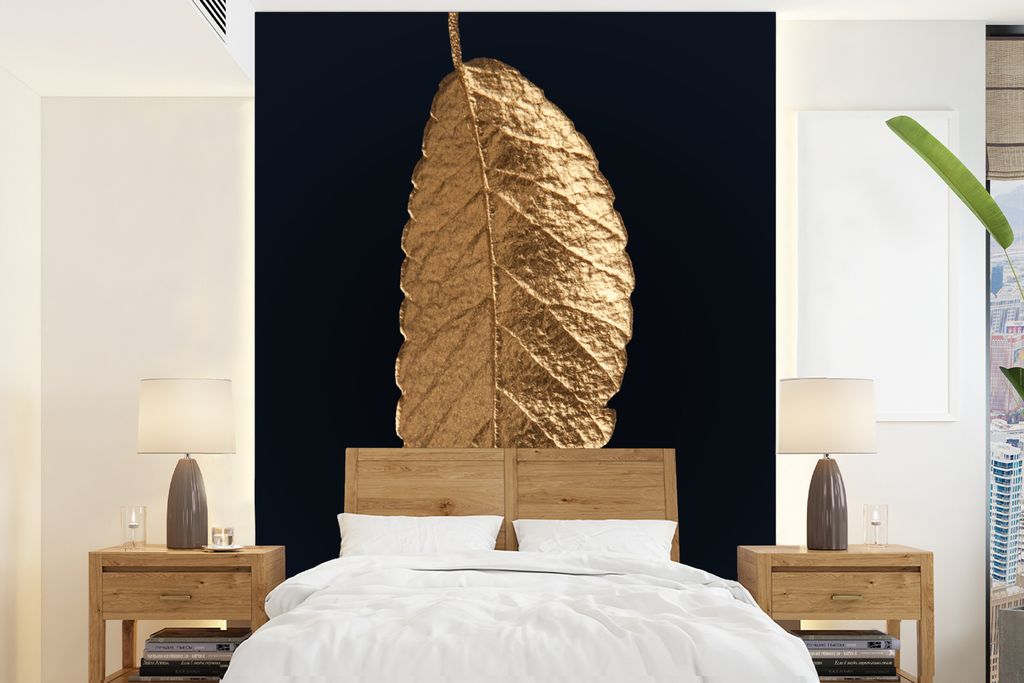 MuchoWow Fototapete für Wohnzimmer oder Schlafzimmer Wandtapete Vinyl Motivtapete Blätter - Schwarz - Gold - Luxus - Natur - 205x280 cm - Wandbild