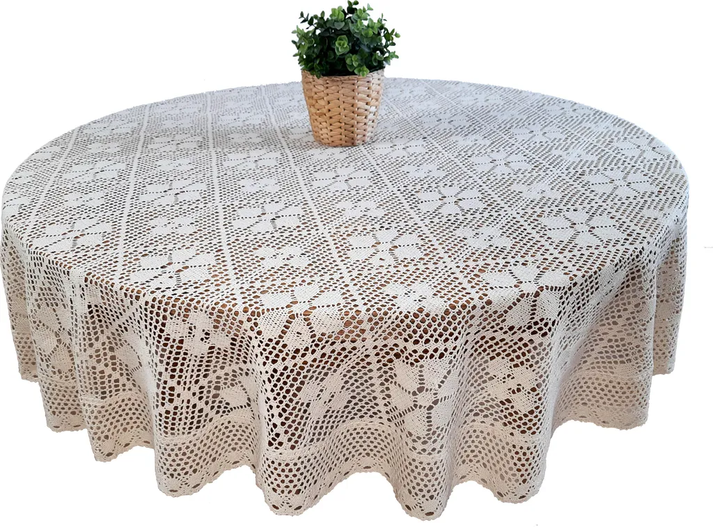 Tovaglia Rotonda 160 cm Uncinetto Beige Naturale - Stile Shabby Chic