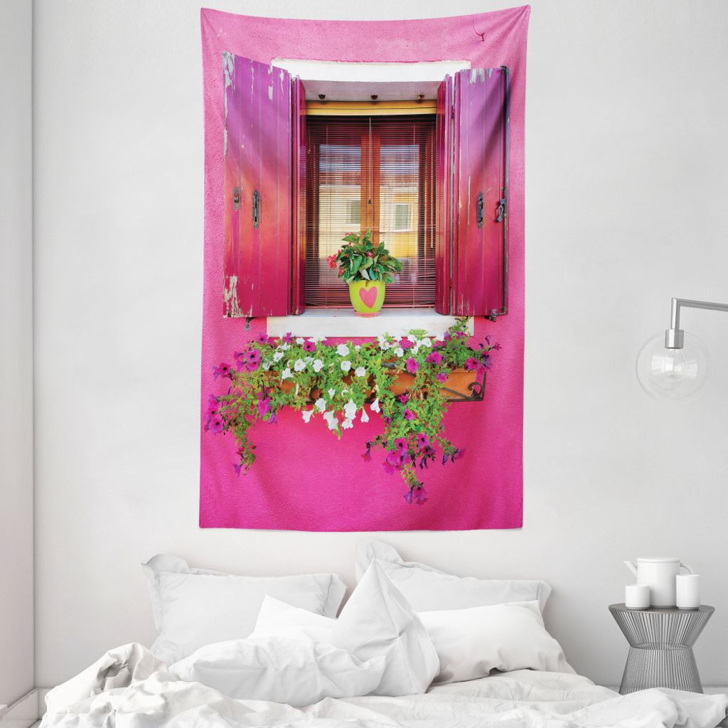 ABAKUHAUS Stadt-Liebe Wandteppich und Tagesdecke, Außen Vintage-Fenster Blumen aus Weiches Mikrofaser Stoff Waschbar ohne Verblassen Digitaldruck,...