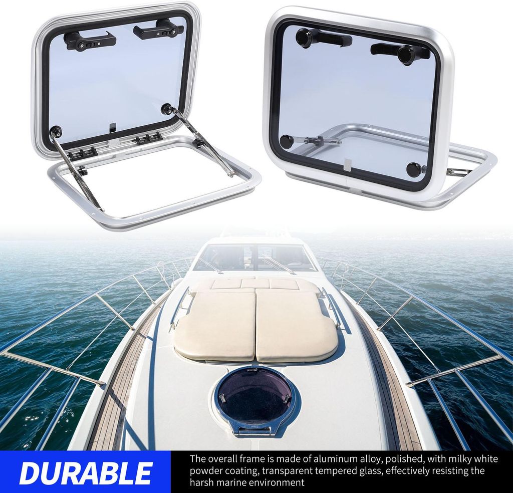 Marine-Luken-Bullaugenfenster, 43,2 x 53,3 cm, quadratisch, robustes Deck aus Aluminiumlegierung mit Stützstange und Griff für Yacht, Wohnmobil