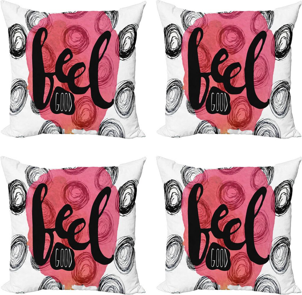 ABAKUHAUS Sprichwort Kissenbezug Set (4 Stück), Aquarell-Fleck-Kreise, Moderner Doppelseitiger Digitaldruck, 45 cm x 45 cm, Rosa-Schwarz-Weiß