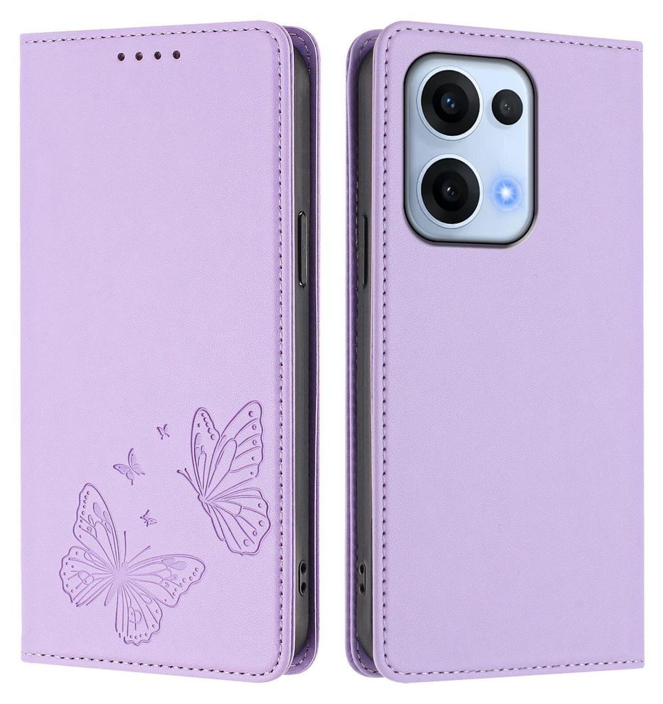 Lederhülle für Oppo Reno13 5G, Schmetterling Prägung Leder Brieftasche Schutzhülle mit Ständer Violett