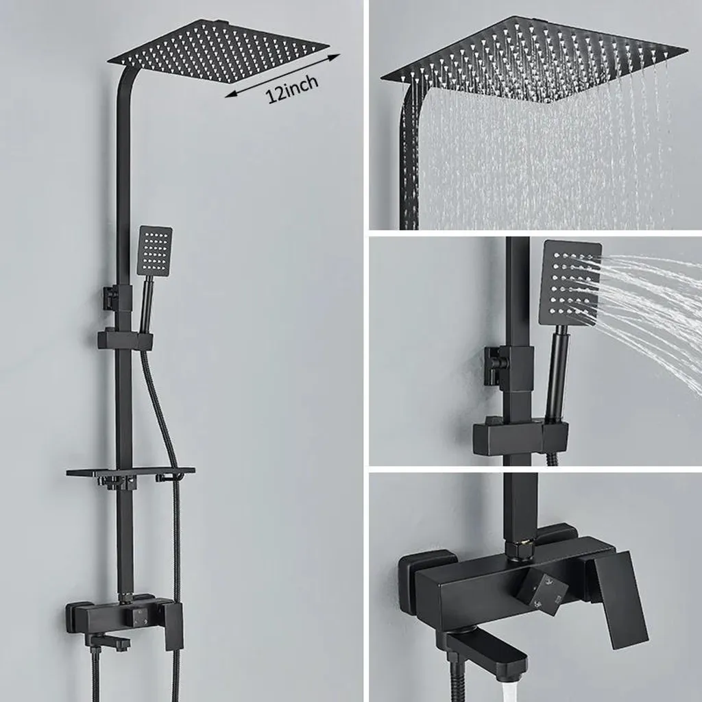 Système de douche thermostatique 3 voies noir mat en acier inox 304