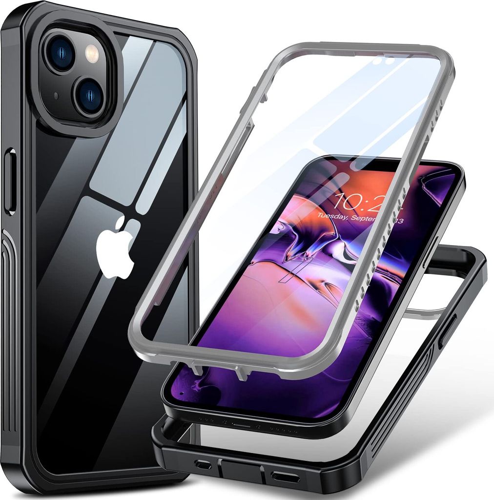 Handyhülle für iPhone 13 Transparent Rückseite Robust Stoßstange mit integriertem Displayschutz 360 Grad Ganzkörper Schutzhülle Schwarz