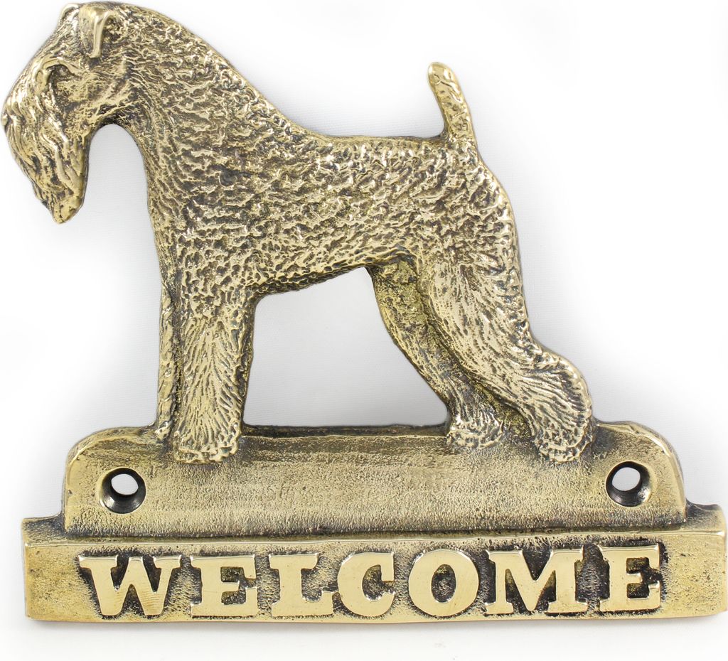 Kerry Blue Terrier, Irish Blue Terrier - Türschild mit Hund, messingfarbenes Willkommensschild, einzigartiges Schild mit der Aufschrift Welcome vo...
