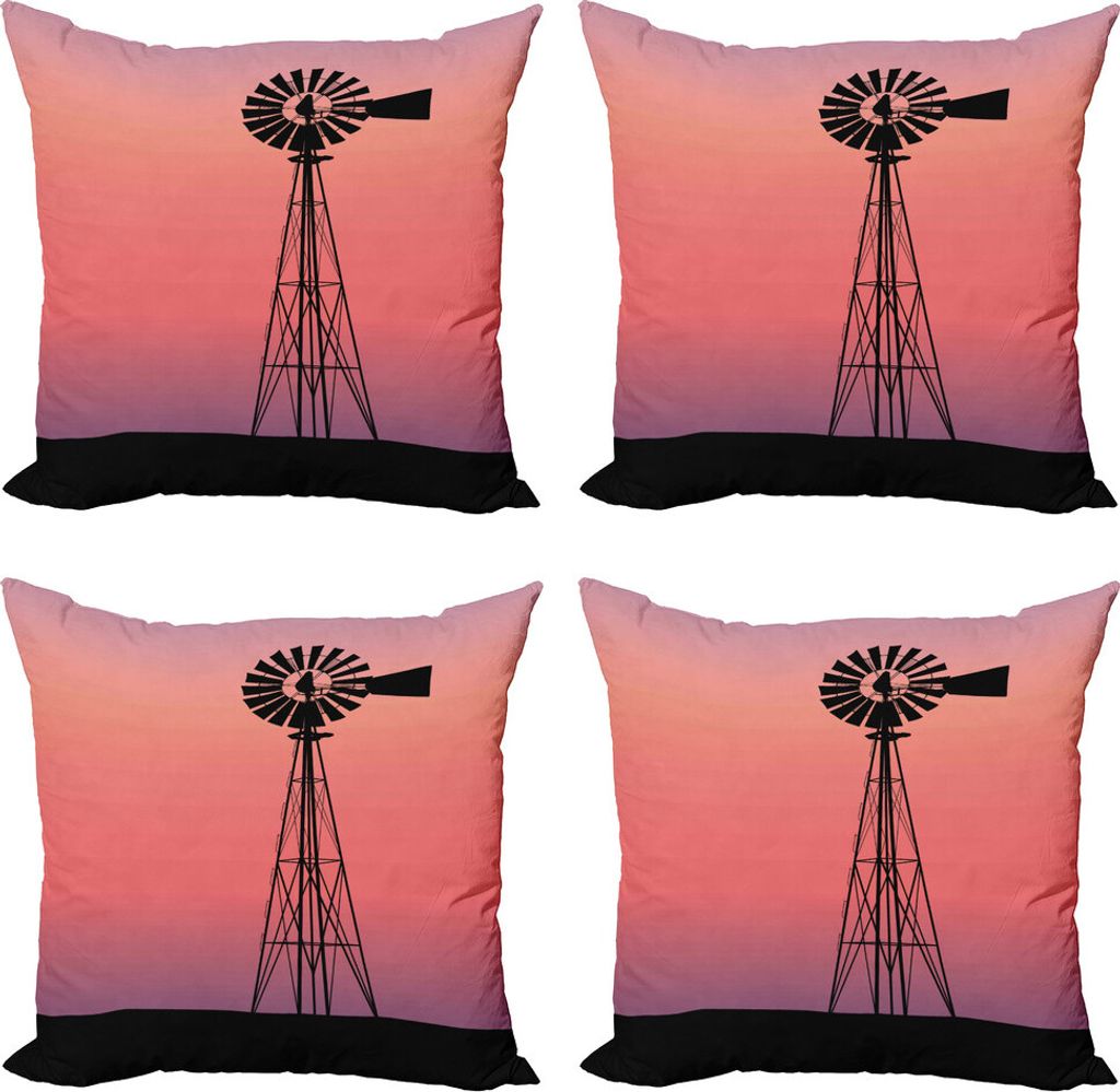 ABAKUHAUS Windmühle Kissenbezug Set (4 Stück), Dreamy Western Sunset, Moderner Doppelseitiger Digitaldruck, 60 cm x 60 cm, Coral Lila und Schwarz