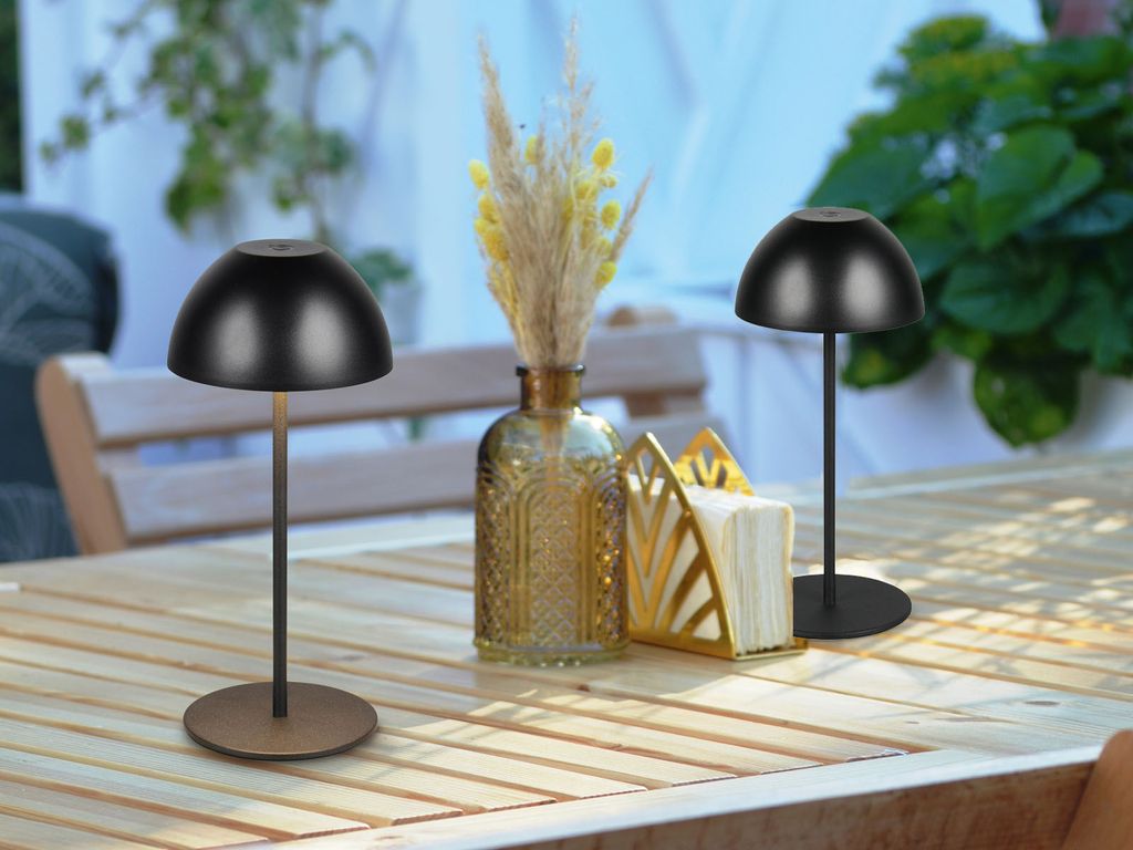 2er SET kabellose Akku LED Outdoor Tischlampen Schwarz - Pilzlampen 20cm klein