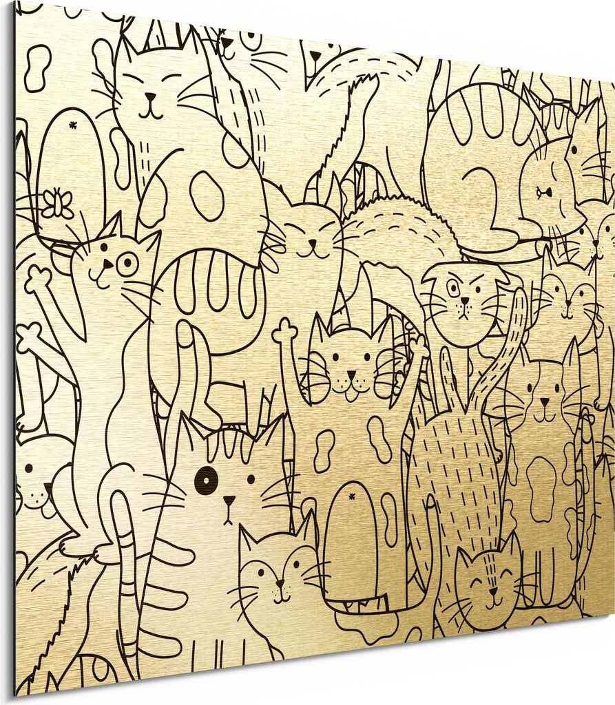 DEQORI Alu-Dibond Bild Gold 80x60 cm 'Comic-Katzen' Wandbild Metall dünn Design