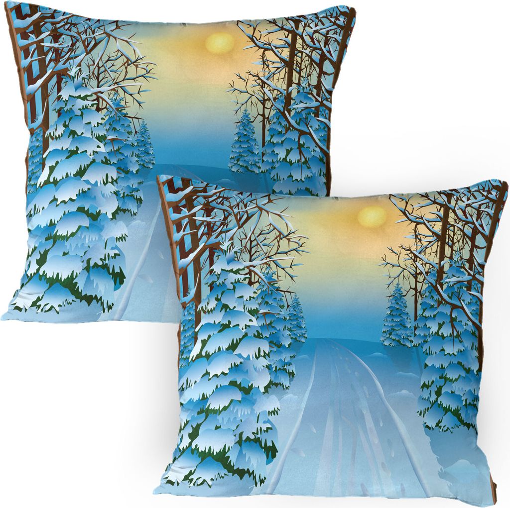 ABAKUHAUS Winter Kissenbezug Packung mit 2, Forest View Grafik Display Print mit Snowy Path zwischen Bäumen und Sonne am Himmel, Dekorativer Gedru...