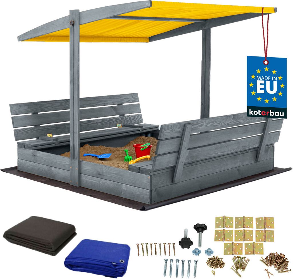 KOTARBAU Sandkasten mit Abdeckung 140 x 140 cm Großer Grau Holzsandkasten mit Gelb Dach Sandkasten mit Deckel Sandkasten mit Dach Gartenspielzeu...