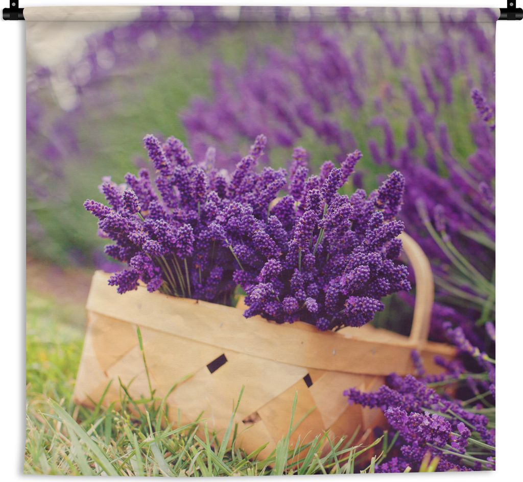 MuchoWow Wandteppich Wandbehang Frischer Lavendel in einem Korb 90x90 cm Tapisserie Dekoration Wandtuch - Wandaufhänger