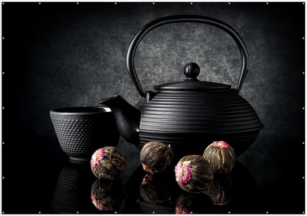 Wallario XXL Outdoor-Poster für Garten oder Balkon, Motiv Japanisches Tee-Set, in ca. 400 x 280 cm