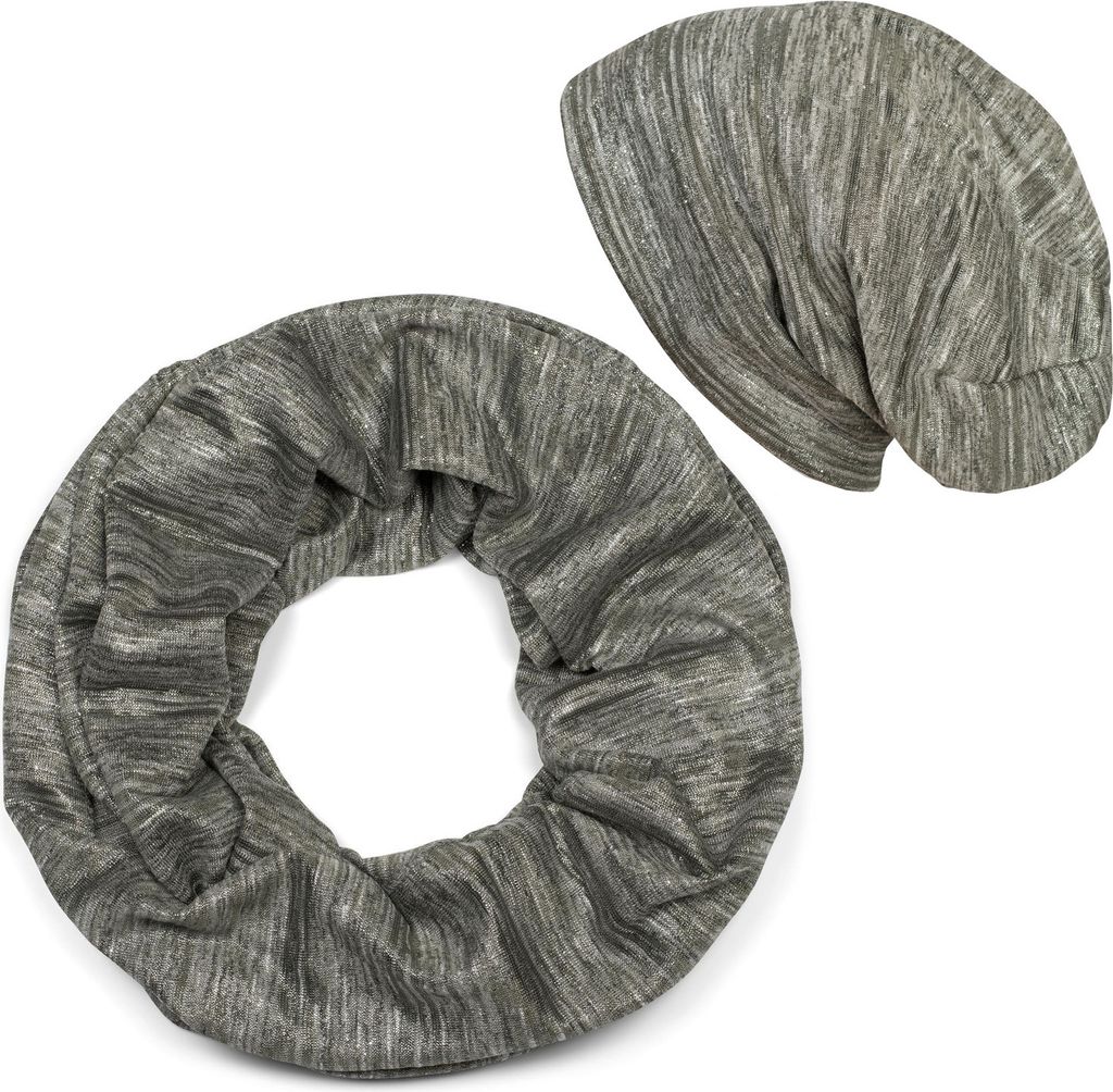 styleBREAKER Damen Loop Schal und Beanie Mütze Set mit Glitzerfaden und kleinen Pailletten, 2-Teilig 01018217