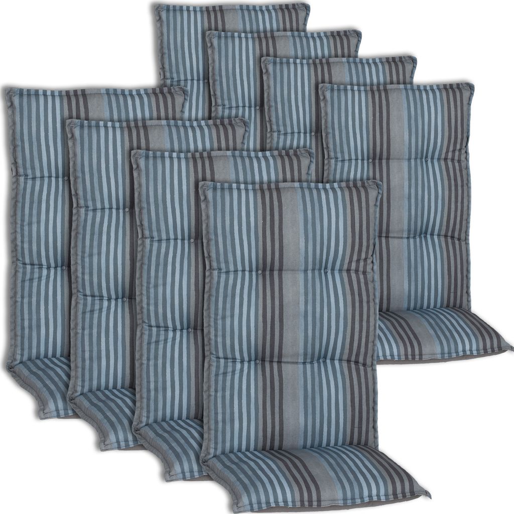 NYVI Hochlehner Auflagen Piemont 8er Set - 118x46x8 cm Blaue Streifen - Extra Starker 8cm Sitzpolster - Gartenmöbel Auflagen mit Halteband & Binde...