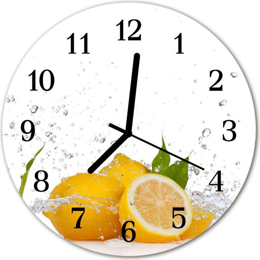 Glasuhr Wanduhr Küchenuhr Echt-Glas 30fi cm Zitronen gelb