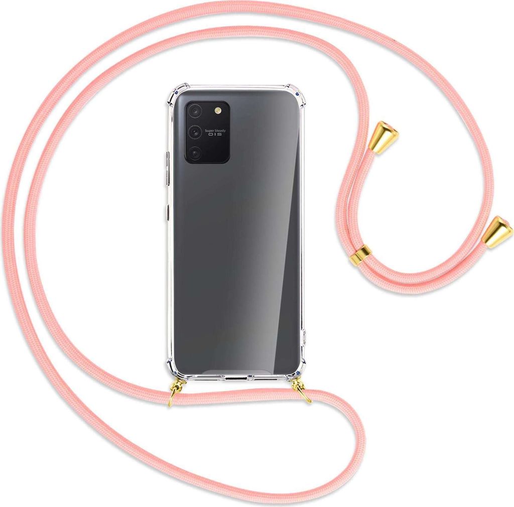 Handykette Backcover-Schutzhülle mit Band (Metall goldfarben) für Samsung Galaxy S10 Lite - rosa