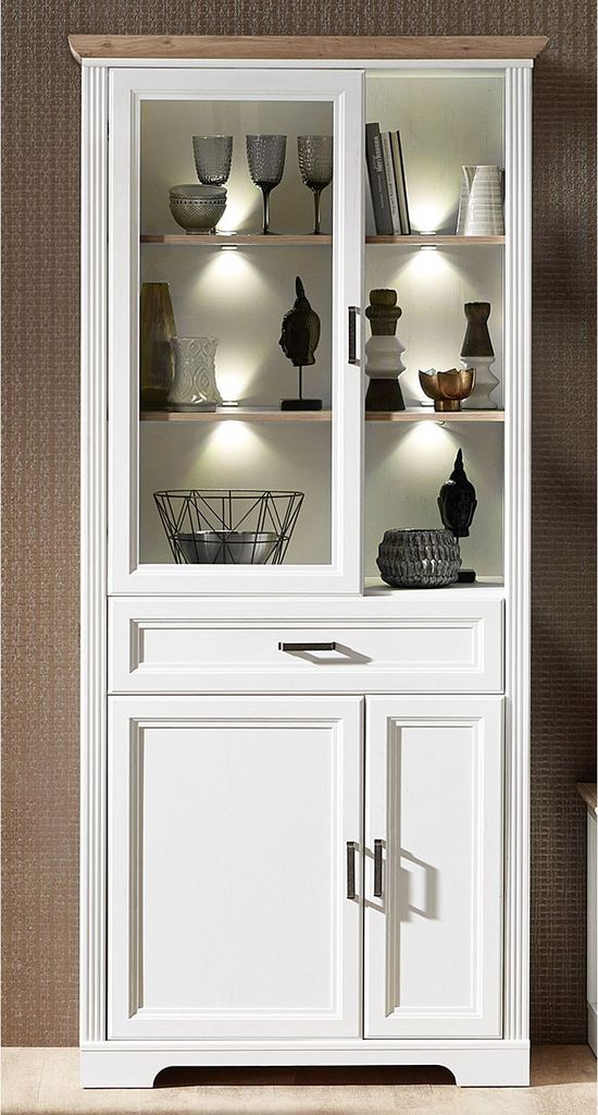 Vitrine Standvitrine Vitrinenschrank Holzvitrine Wohnzimmerschrank "Jillana I" Pinie hell / Artisan Eiche