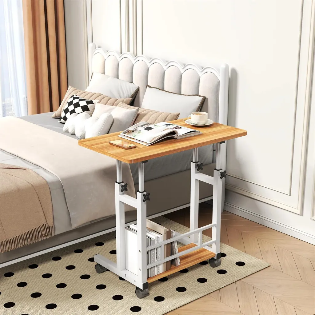 Petit bureau informatique mobile sur roulettes - Plateau bois et métal